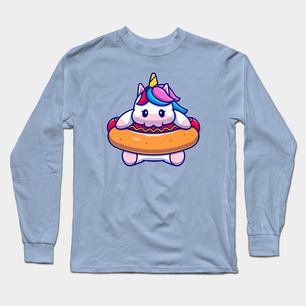 Cute Unicorn Eating Hotdog Cartoon Long Sleeve T-Shirt by Catalyst Labs